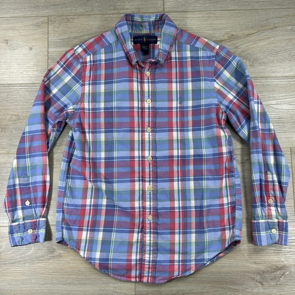 Ralph Lauren Medium (10-12) Pastel Plaid Long Sleeve Button Down 100% Cotton‎